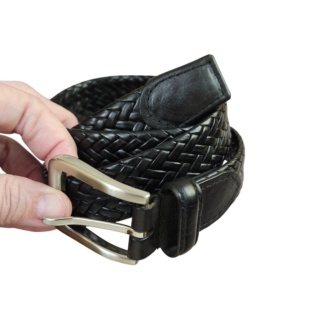Black Braided Woven Leather‎ Belt Silver Buckle Size 36